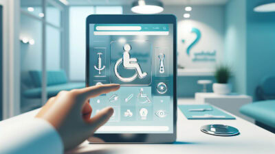 Barrierefreiheit auf Zahnarzt-Websites Stilisierte Darstellung eines Tablets, das eine moderne Website einer Zahnarztpraxis anzeigt. In das Design sind universelle Symbole für Barrierefreiheit wie ein Rollstuhl, ein Auge und ein Ohr integriert, um digitale Inklusion und Zugänglichkeit für alle Nutzer zu symbolisieren.