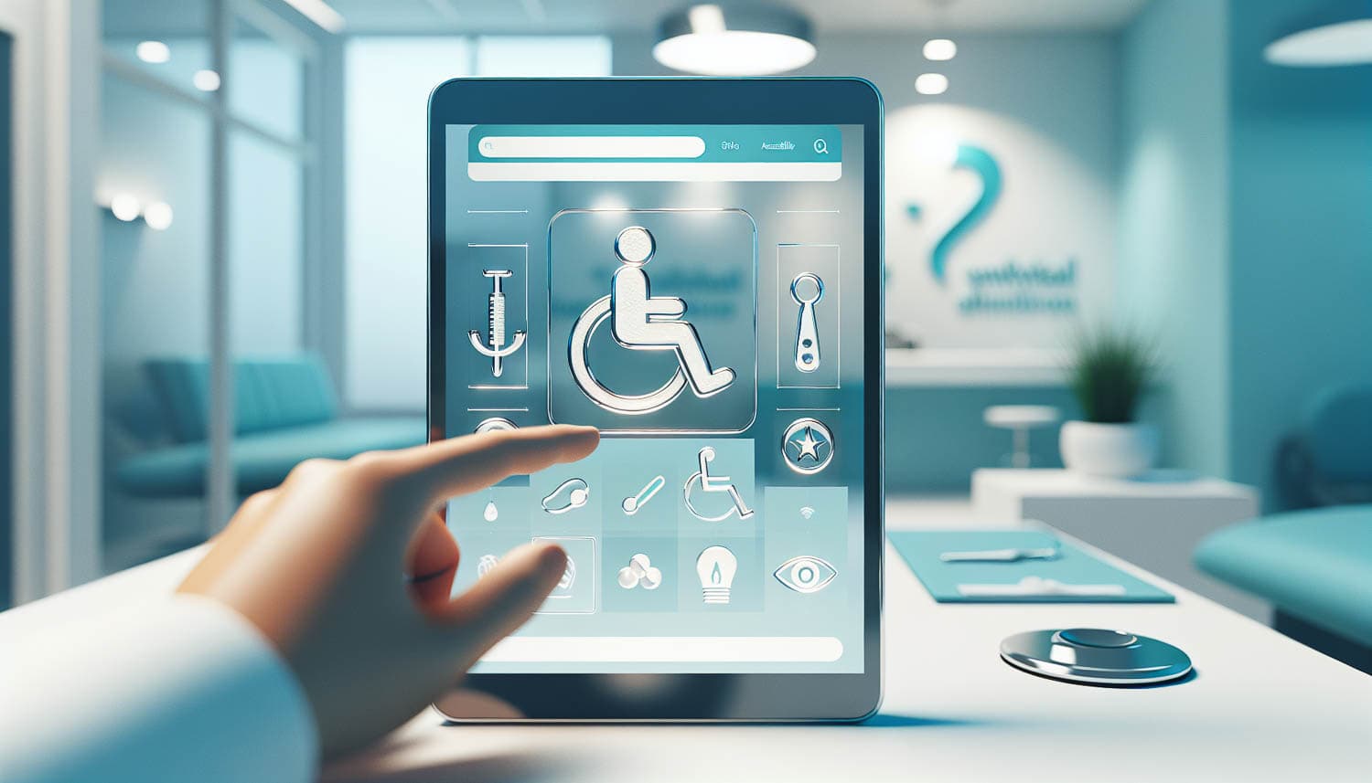 Barrierefreiheit auf Zahnarzt-Websites Stilisierte Darstellung eines Tablets, das eine moderne Website einer Zahnarztpraxis anzeigt. In das Design sind universelle Symbole für Barrierefreiheit wie ein Rollstuhl, ein Auge und ein Ohr integriert, um digitale Inklusion und Zugänglichkeit für alle Nutzer zu symbolisieren.